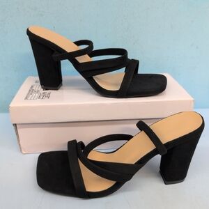 Women's Square Open Toe Strappy Slip On Block Heel Sandals EUR 40 Black